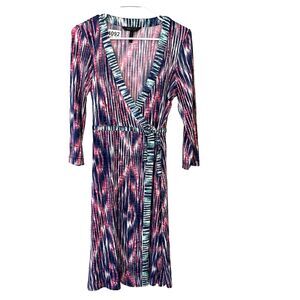 BCBG Max Azria Colorful Wrap Dress Medium Womens Striped Chic Pink Blue V Neck